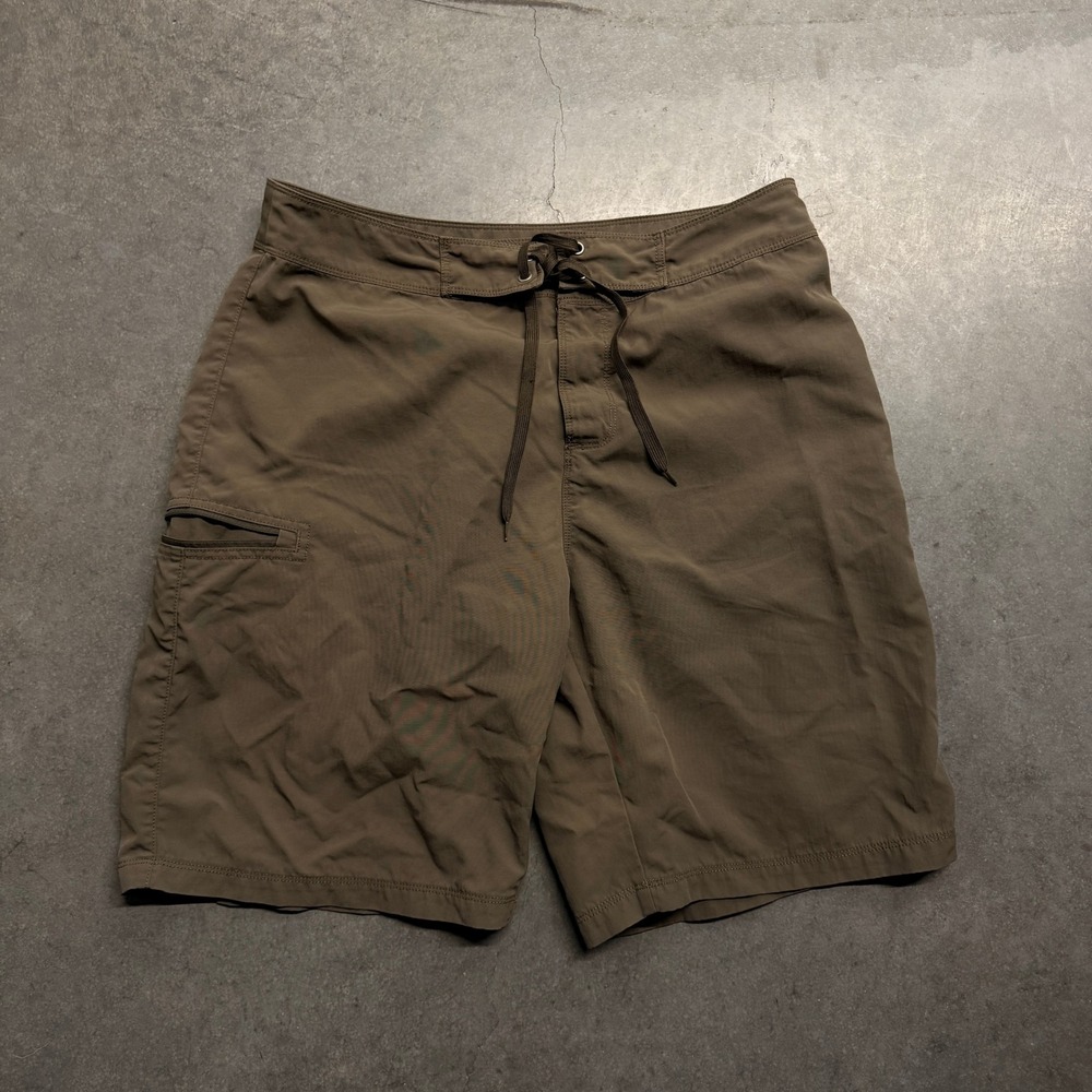 Mens Olive Nylon Board Shorts Lace Up Swim Trunks with Side Pocket Size 34